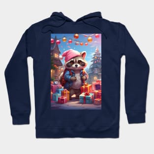 Kawaii Raccoon with Gifts in Winter Wonderland Hoodie